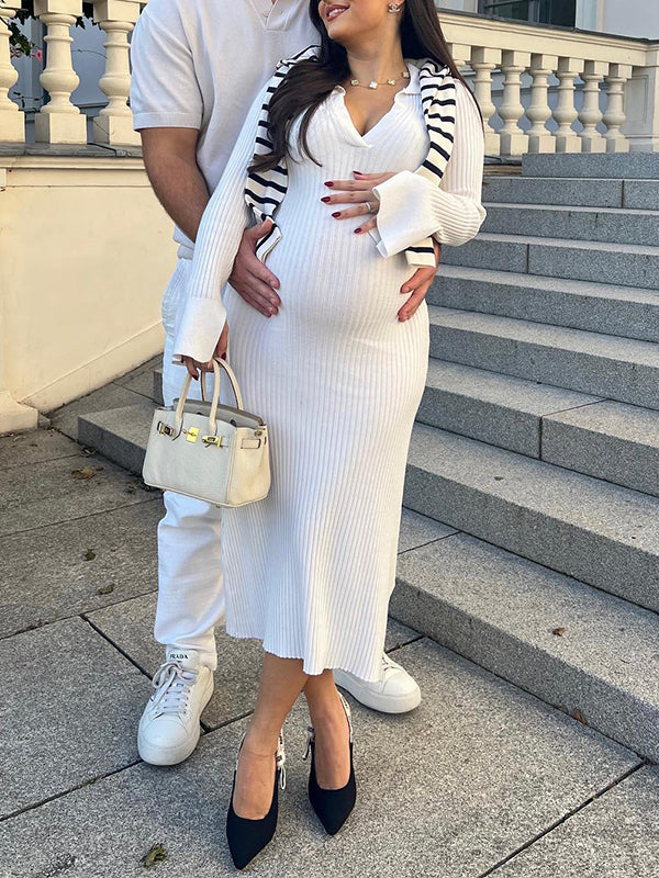 Momyknows White Turndown Collar V-neck Slit Flare Sleeve Bodycon Fashion Gender Reveal Baby Shower Maternity Maxi Dress