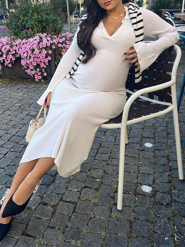 Momyknows White Turndown Collar V-neck Slit Flare Sleeve Bodycon Fashion Gender Reveal Baby Shower Maternity Maxi Dress