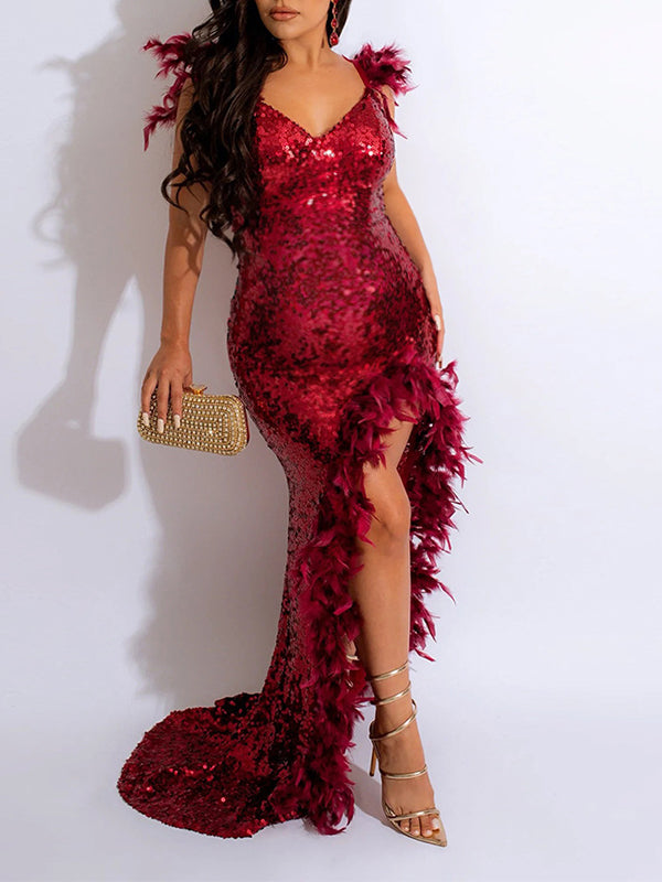 Momyknows Sequin Feather High Side Slit V-neck Elegant Evening Photoshoot Gown Baby Shower Maternity Maxi Dress