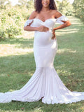 Momyknows White Mermaid Ruffle Irregular Boat Neck Bodycon Elegant Maternity Photoshoot Maxi Dress