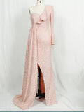 Momyknows Sparkly Sequin One Shoudler Plus Size Trailing Single Sleeve Babyshower Maternity Maxi Dress