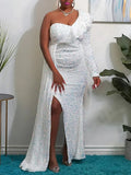 Momyknows Sparkly Sequin One Shoudler Plus Size Trailing Single Sleeve Babyshower Maternity Maxi Dress