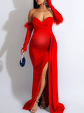 Momyknows Off Shoulder Split Trailing Ruched Baceless Evening Babyshower Maternity Maxi Dress