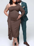 Momyknows Brown One Sleeve Ruffle Slit Elegant Bodycon Photoshoot Baby Shower Maternity Midi Dress
