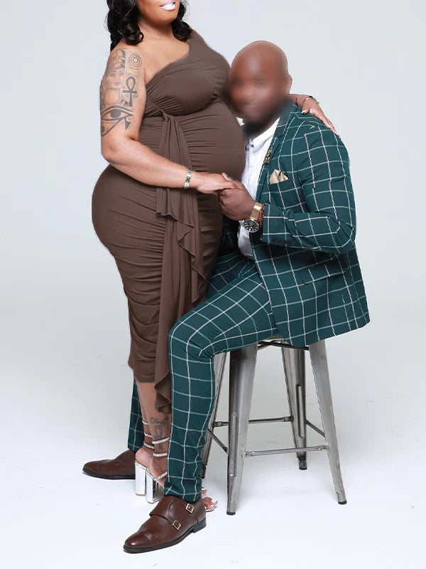 Momyknows Brown One Sleeve Ruffle Slit Elegant Bodycon Photoshoot Baby Shower Maternity Midi Dress