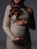 Momyknows Glitter Sequin Ruched One Shoulder Bodycon Elegant Cocktail Maternity Photoshoot Baby Shower Midi Dress