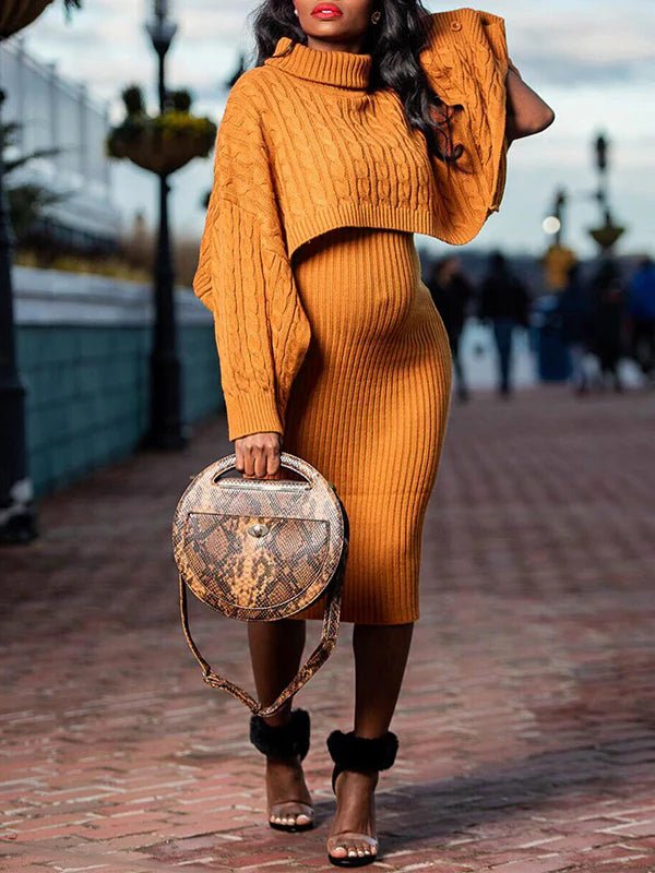 Momyknows Solid Color Knitting 2-in-1 Bodycon Baby Shower Maternity Sweater Midi Dress