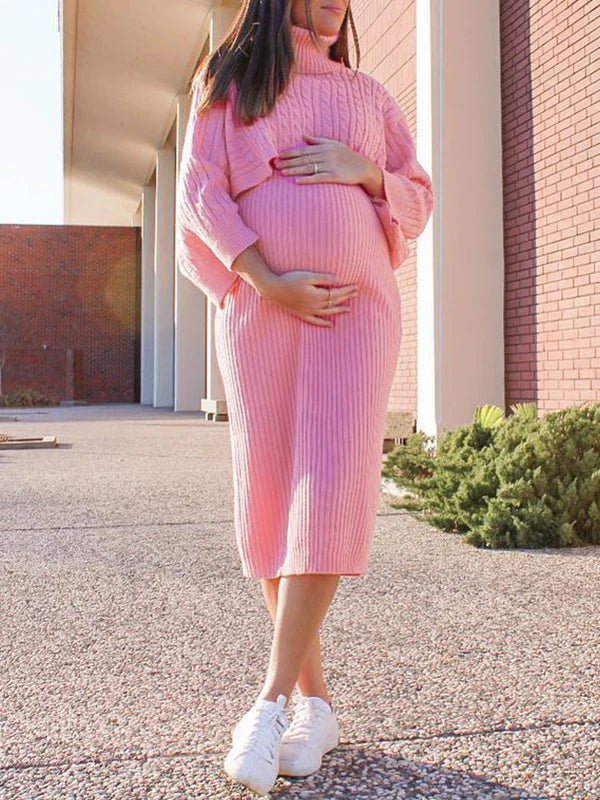 Momyknows Solid Color Knitting 2-in-1 Bodycon Baby Shower Maternity Sweater Midi Dress