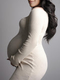 Momyknows Solid Color Heart-Shaped Neckline Elegant Bodycon Photoshoot Baby Shower Maternity Midi Sweater Dress