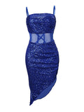 Momyknows Blue Sequin Side Slit Sparkly Patchwork Mesh Transparent Bodycon Party Maternity Midi Dress