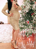 Momyknows Christmas Sequin Band Neck Bodycon Elegant Evening Gown Photoshoot Bodycon Maternity Midi Dress