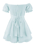 Momyknows Light Green Ruffle Tie Back Off-shoulder Bowknot Puff Sleeve Cute Baby Shower Jumpsuit Maternity Mini Dress