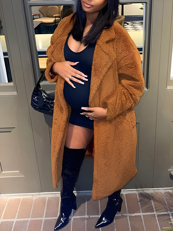 Momyknows Solide Color Fluffy Turndown Collar Oversized Faux Fur Coat Chic Going Out Winter Outerwear Plus Size Maternity Teddy Coat