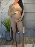 Momyknows Mocha Knitted Cami Two Piece Set Fashion Maternity Going Out DailyLong Jumpsuit With Cardigan