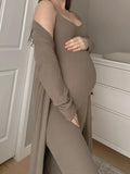 Momyknows Mocha Knitted Cami Two Piece Set Fashion Maternity Going Out DailyLong Jumpsuit With Cardigan