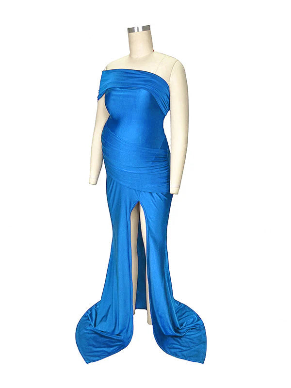 Momyknows Blue Irregular One-shoulder Side Slit Mermaid Backless Asymmetric Shoulder Party Boy Baby Shower Maternity Maxi Dress
