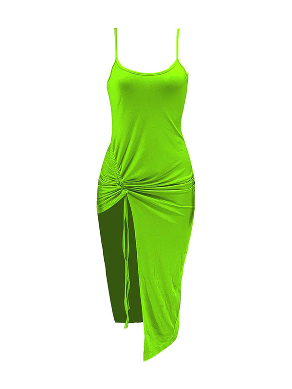 Momyknows Sage Green Slit Drawstring Shirred Ruched Sleeveless Bodycon Smocked Baby Shower Maternity Dress