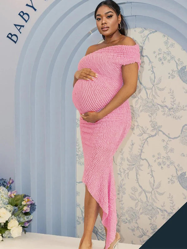 Momyknows Pink Irregular Pleated One Shoulder Bodycon Sleeveless Chic Maternity Maxi Dress