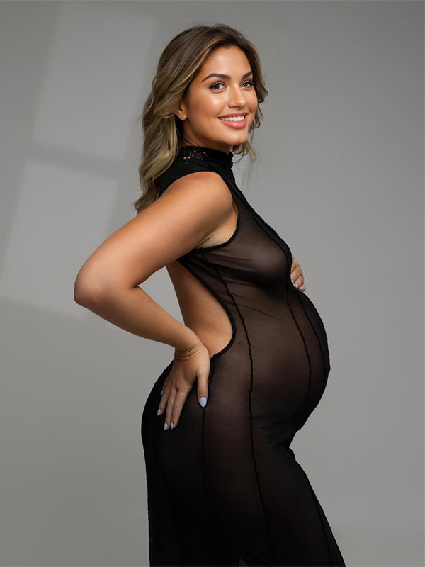 Momyknows Black Sheer Backless Band Neck Bodycon Club Fashion Elegant Photoshoot Maternity Maxi Dress