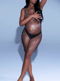 Momyknows Off Shoulder Fishnet Rhinestone Clubwear Beach Cover Up Photoshoot Maternity Mini Dress
