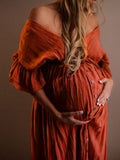 Momyknows Red Drawstring Single Breasted Ruffle Tie Back Maternity Photoshoot Maxi Dress