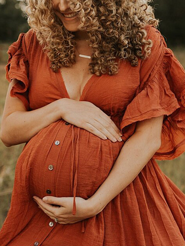 Momyknows Single Breasted Drawstring Ruffle Tie Back Red Maternity Photoshoot Maxi Dress