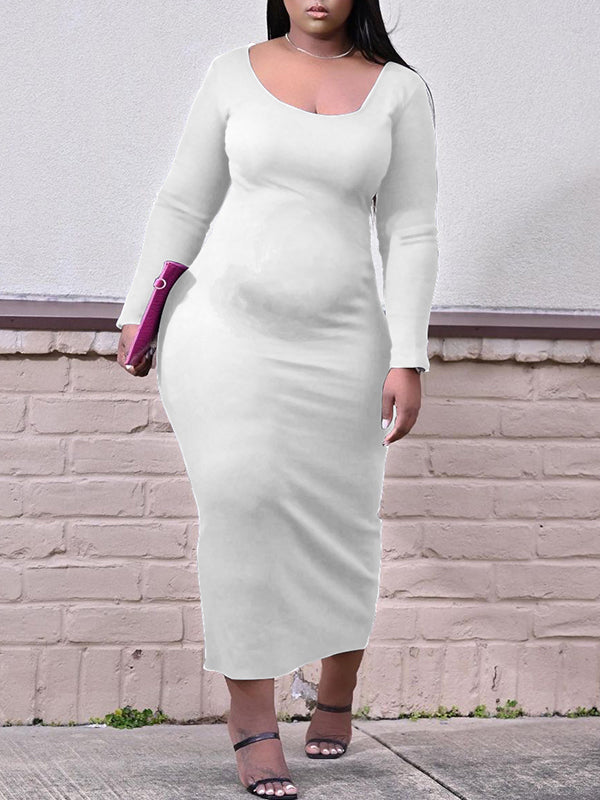 Momyknows Long Sleeve Bobycon Solid Color U-Neck Babyshower Party Maternity Maxi Dress