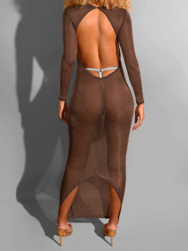 Momyknows Brown Bright Wire Backless Sheer Slit Fashion Photoshoot Maternity Maxi Dress
