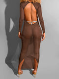Momyknows Brown Bright Wire Backless Sheer Slit Fashion Photoshoot Maternity Maxi Dress