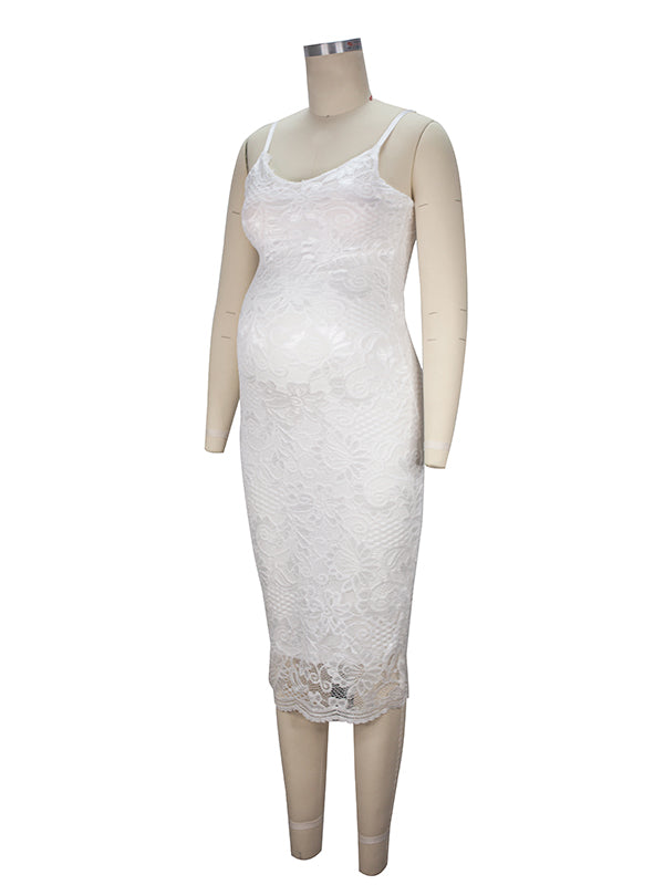 Momyknows White Lace Spaghetti Strap Backless V-Neck Elegant Babyshower Party Maternity Midi Dress