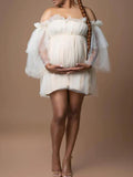 Momyknows Off Shoulder Tulle Tutu Bandeau Slash Neck Flare Sleeve Grenadine Cute Photoshoot Maternity Mini Dress