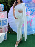 Momyknows White One-Shoulder Belly Friendly Ruched Cape Sleeve Elegant Babyshower Maternity Maxi Dress