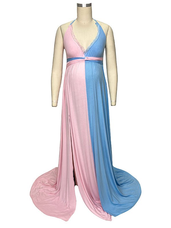 Momyknows Pink&Blue Lace Spaghetti Backless Side Slit Gender Reveal Photo Shoot Baby Shower Dress Cute Maternity Maxi Dress, AS SHOWN / M