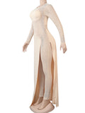 Momyknows Mesh Rhinestone Irregular Long Sleeve Club Plus Size Photoshoot Maternity Jumpsuit