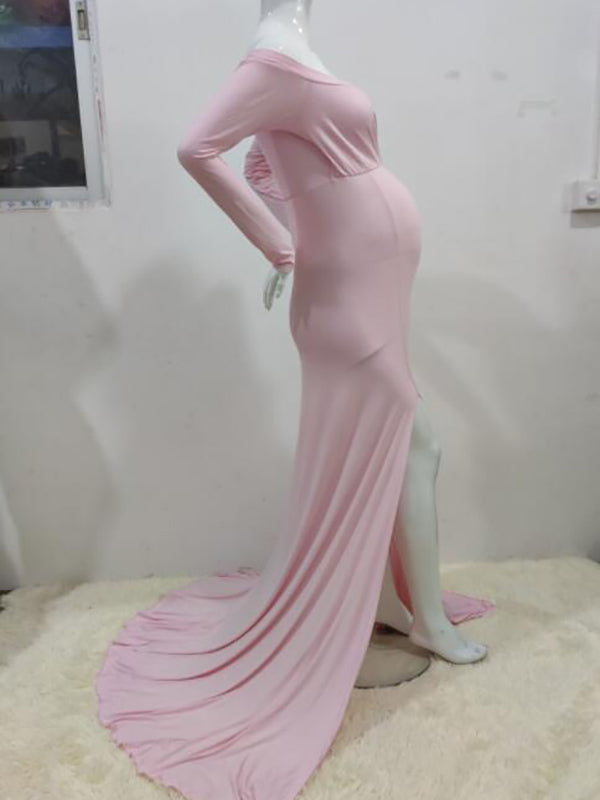 Momyknows Off Shoulder Mermaid Side Slit Pregnant Maternity Baby Shower Photoshoot Mini Dress