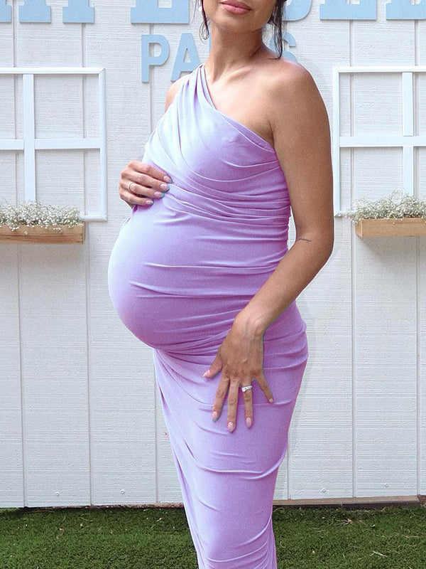 Momyknows Lavender One Shoulder Ruched Shirred Bodycon Baby Shower Maternity Midi Dress