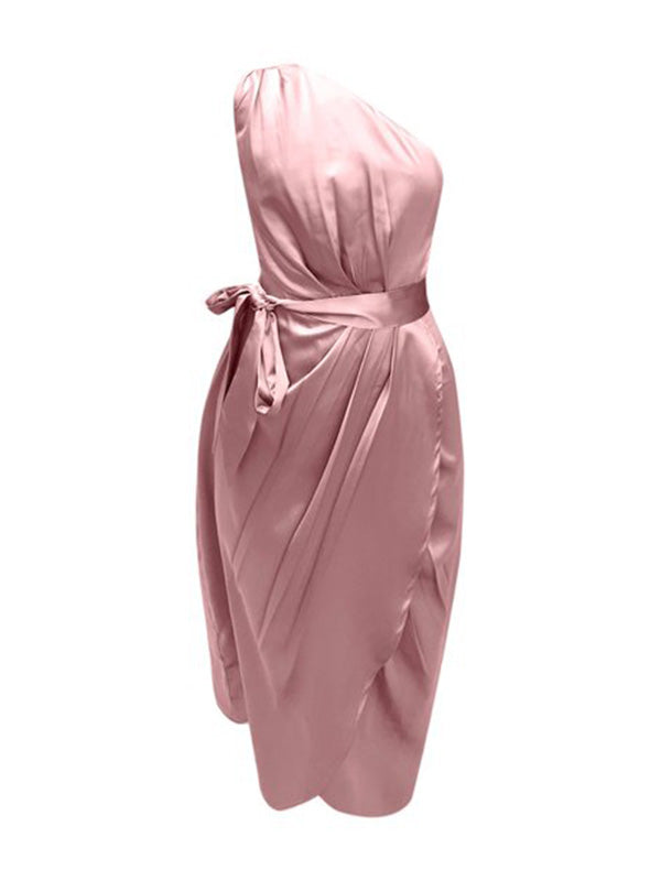 Momyknows Satin One Shoulder Sleeveless Bodycon Wrap Baby Shower Plus Size Maternity Midi Dress