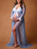 Momyknows Lace Tulle Photoshoot Robe Split Front V-Neck Maternity Maxi Dress