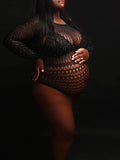 Momyknows Black Rhinestone Fishnet Knitting Sheer Cut Out Photoshoot Short Jumpsuit Maternity Bodysuit