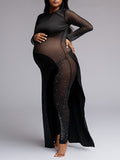 Momyknows Mesh Rhinestone Irregular Long Sleeve Club Plus Size Photoshoot Maternity Jumpsuit