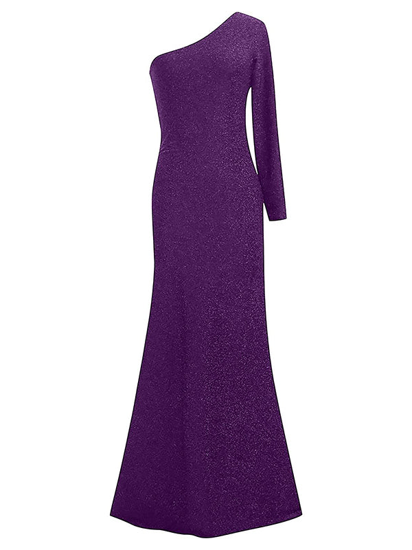 Momyknows Purple Sparkly One Shoulder Slit Bodycon Party Maternity Photoshoot Dress