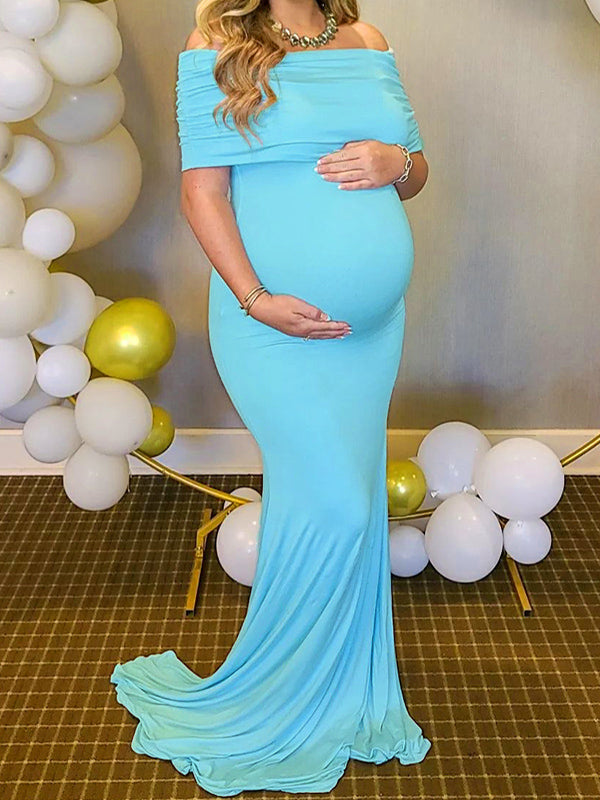 Momyknows Off ShoulderLight Blue Backless Ruffle Bodycon Mermaid Photoshoot Maternity Maxi Dress
