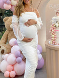 Momyknows Belly Friendly Spaghetti Strap Mesh Ruched Side Slit Lantern Sleeve Bandeau Babyshower Maternity Maxi Dress