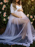 Momyknows Lace Short Sleeve Front Slit Tulle Big Swing Sheer Photoshoot Maternity Maxi Dress