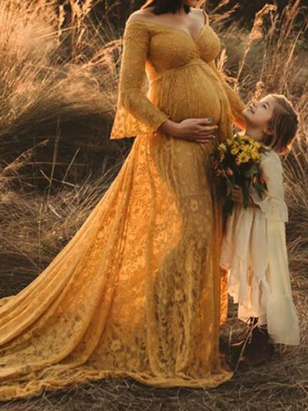 Momyknows Off Shoulder Lace Flare Sleeve Baby Shower Photoshoot Maternity Maxi Dress