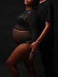 Momyknows Black Rhinestone Fishnet Knitting Sheer Cut Out Photoshoot Short Jumpsuit Maternity Bodysuit
