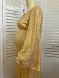 Momyknows Golden Sparkly Sequin Side Slit Flare Sleeve Elegant Evening Gown Boho Maternity Photoshoot Baby Shower Party Maxi Dress