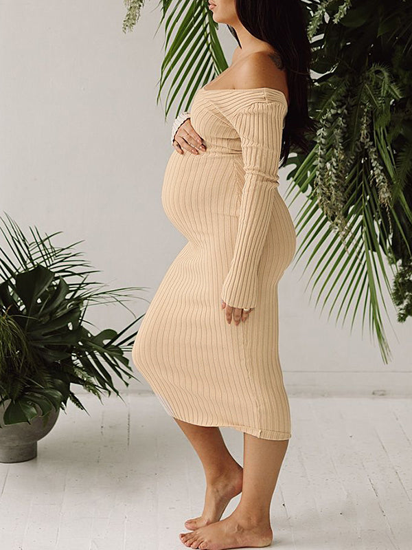 Momyknows Apricot Off Shoulder Boat Neck Elegant Long Sleeve Baby Shower Maternity Photoshoot Sweater Dress