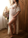 Momyknows Cut Out Slit Lace Sheer Photoshoot Boho Flowy Crochet Cover-Up Smock Maternity Dress