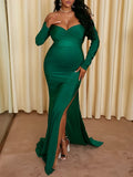 Momyknows Green Off Shoulder Long Sleeve High Split Bodycon Solid Baby Shower Evening Gown Maternity Maxi Dress